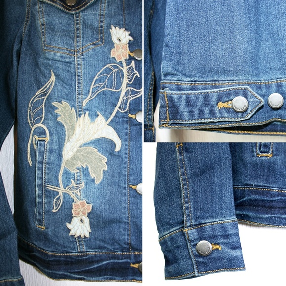 Floral Embroidered Med. Wash Denim Jacket NWT - Picture 5 of 8
